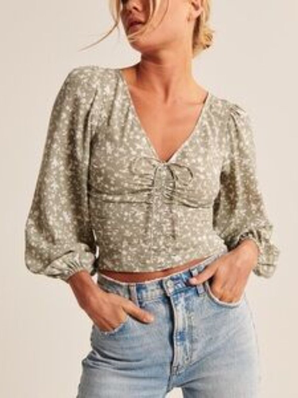 Abercrombie Floral Ruched Long Sleeve Blouse Sage Green Size S